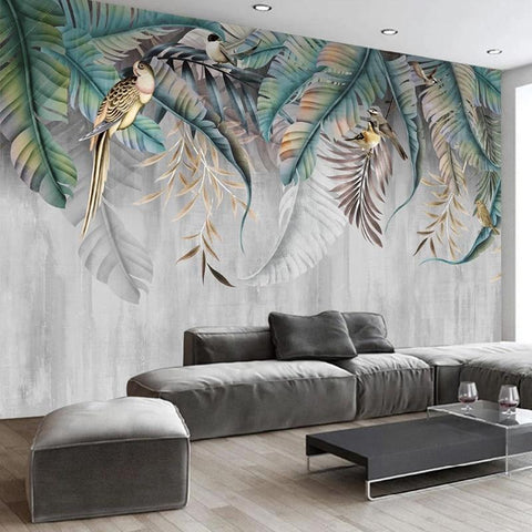 Image of Marbled Tropical Plant Leaves with Birds Wallpaper Mural, Custom Sizes Available Maughon's