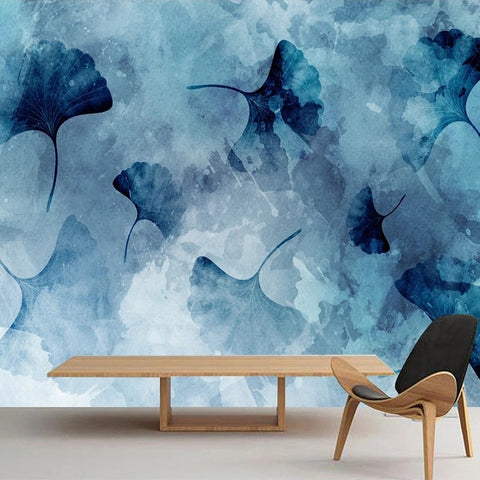 Image of Modern Abstract Blue Ginkgo Wallpaper Mural, Custom Sizes Available Maughon's Waterproof Canvas