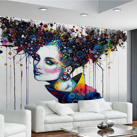 Image of Modern Abstract Woman And Colorful Hair Wallpaper Mural, Custom Sizes Available Wall Murals Maughon's Waterproof Canvas
