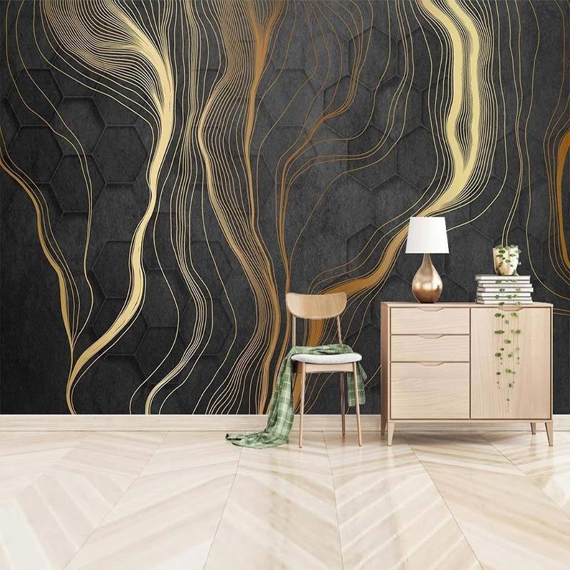 Modern Simple Golden Stripe Abstract Wallpaper Mural, Custom Sizes Available Household-Wallpaper Maughon's