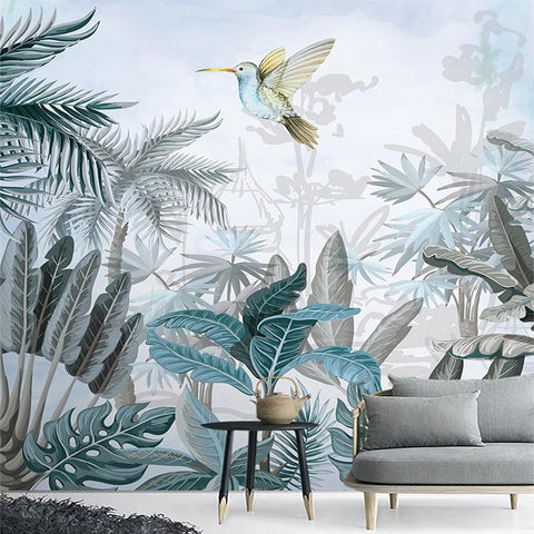Image of Modern Tropical Plant and Hummingbird Wallpaper Mural, Custom Size Available Maughon's
