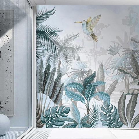 Image of Modern Tropical Plant and Hummingbird Wallpaper Mural, Custom Size Available Maughon's