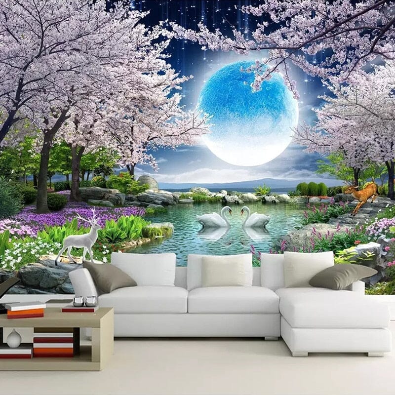 Moon and Cherry Blossoms Tree Fantasy Wallpaper Mural, Custom Sizes Available Wall Murals Maughon's