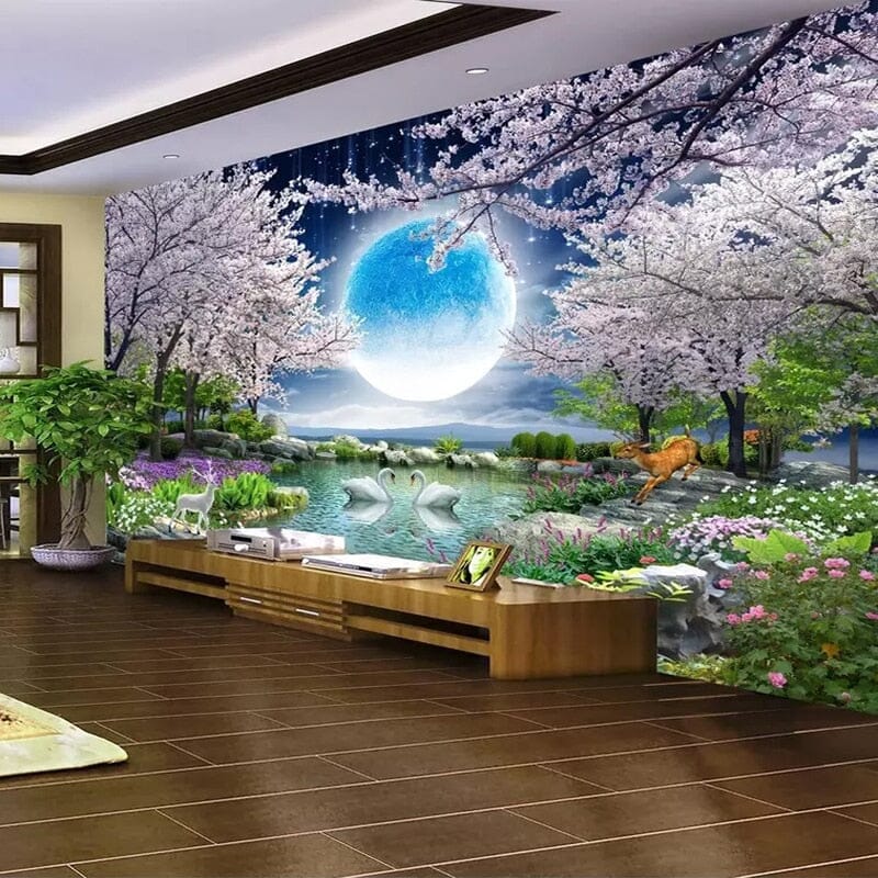 Moon and Cherry Blossoms Tree Fantasy Wallpaper Mural, Custom Sizes Available Wall Murals Maughon's
