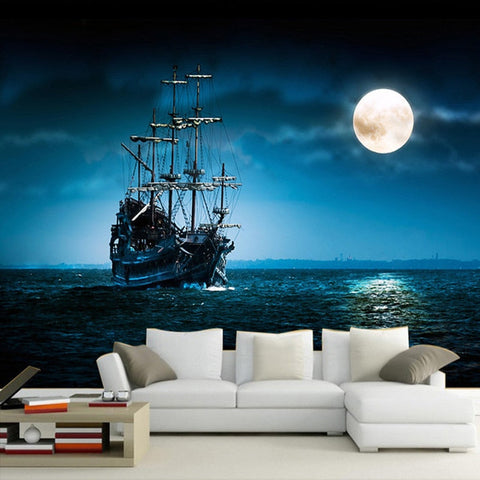 Image of Moon Shining on Sailing Ship Wallpaper Mural, Custom Sizes Available Wall Murals Maughon's Waterproof Canvas