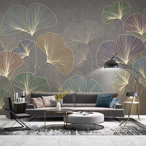 Image of Multicolor Gold Lined Gingko Leaves Wallpaper Mural, Custom Sizes Available Wall Murals Maughon's