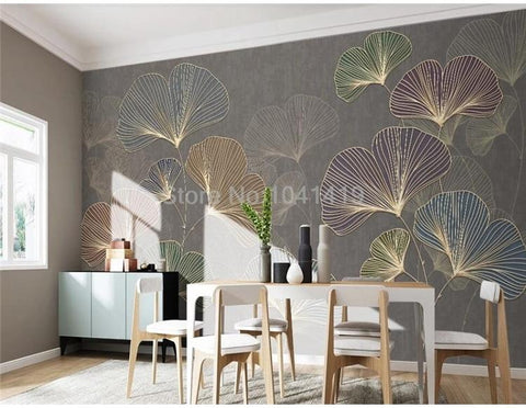 Image of Multicolor Gold Lined Gingko Leaves Wallpaper Mural, Custom Sizes Available Wall Murals Maughon's
