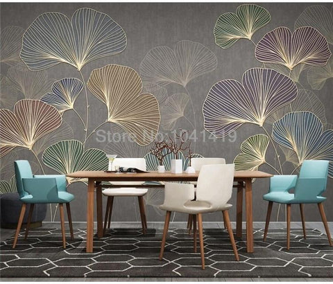Image of Multicolor Gold Lined Gingko Leaves Wallpaper Mural, Custom Sizes Available Wall Murals Maughon's