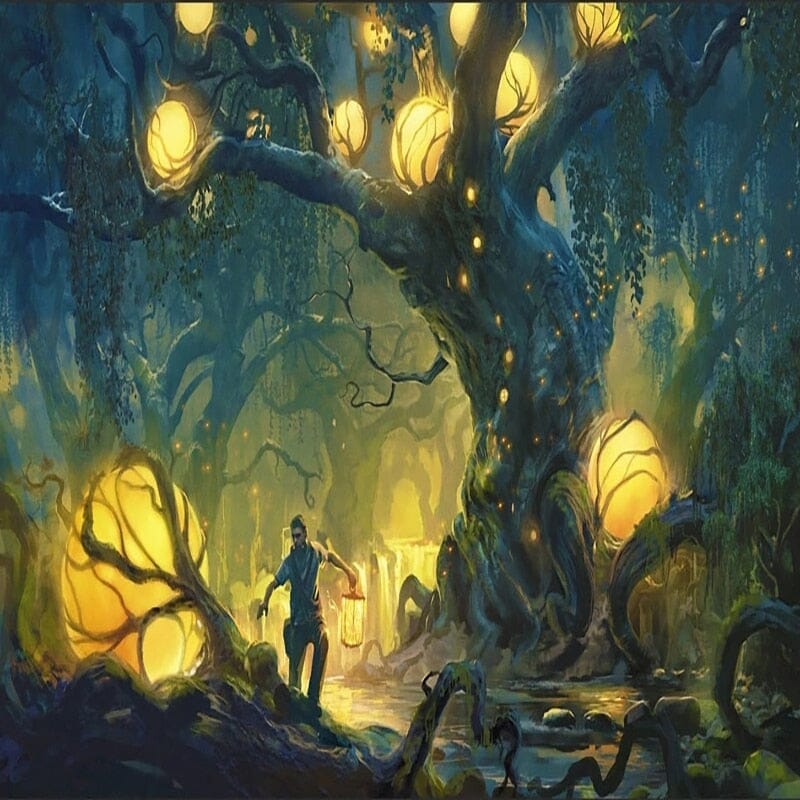 Mystical Lit Forest and Man Wallpaper Mural, Custom Sizes Available Wall Murals Maughon's