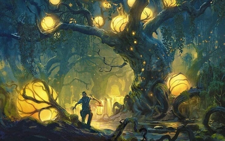 Mystical Lit Forest and Man Wallpaper Mural, Custom Sizes Available Wall Murals Maughon's