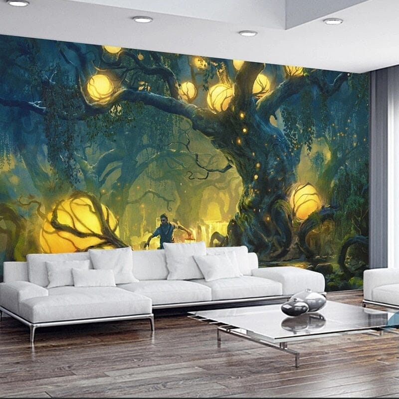 Mystical Lit Forest and Man Wallpaper Mural, Custom Sizes Available Wall Murals Maughon's