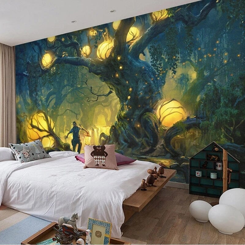 Mystical Lit Forest and Man Wallpaper Mural, Custom Sizes Available Wall Murals Maughon's