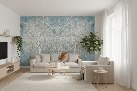 Image of Nordic Style White Tree Branches On Blue Wallpaper Mural, Custom Sizes Available Wall Murals Maughon's