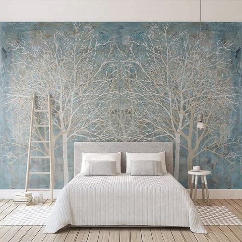 Image of Nordic Style White Tree Branches On Blue Wallpaper Mural, Custom Sizes Available Wall Murals Maughon's 