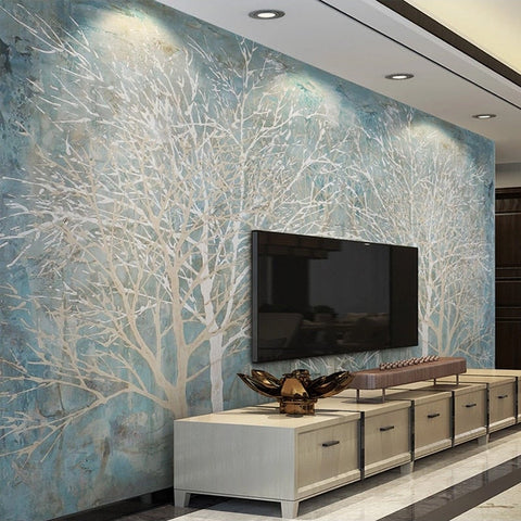 Image of Nordic Style White Tree Branches On Blue Wallpaper Mural, Custom Sizes Available Wall Murals Maughon's