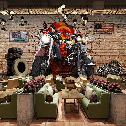Image of Nostalgic Motorcycle Breaking Through Wall Wallpaper Mural, Custom Sizes Available Household-Wallpaper Maughon's