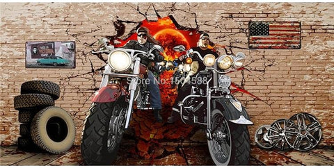 Image of Nostalgic Motorcycle Breaking Through Wall Wallpaper Mural, Custom Sizes Available Household-Wallpaper Maughon's