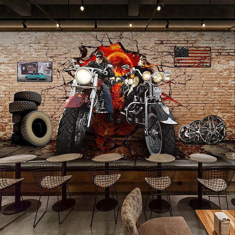 Image of Nostalgic Motorcycle Breaking Through Wall Wallpaper Mural, Custom Sizes Available Household-Wallpaper Maughon's