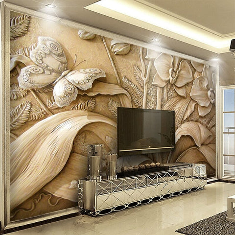 Image of Orchid and Butterfly Relief Wallpaper Mural, Custom Sizes Available Wall Murals Maughon's