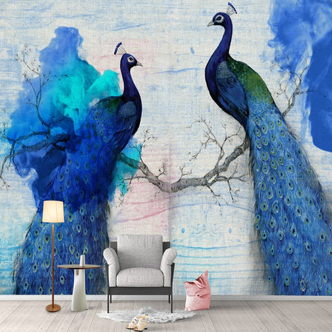Image of Pair of Blue Peacocks Wallpaper Mural, Custom Sizes Available Wall Murals Maughon's Waterproof Canvas