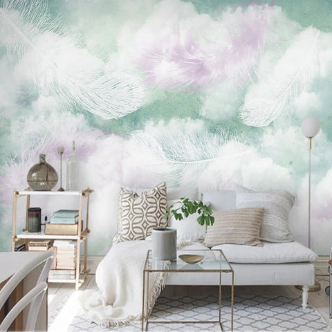 Image of Pastel Feathers and Clouds Wallpaper Mural, Custom Sizes Available Wall Murals Maughon's