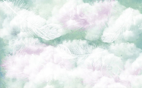 Image of Pastel Feathers and Clouds Wallpaper Mural, Custom Sizes Available Wall Murals Maughon's