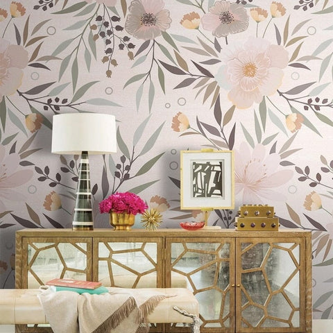 Image of Pastel Flowers and Leaves Wallpaper Mural, Custom Sizes Available Wall Murals Maughon's