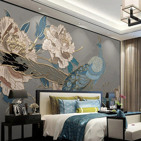 Image of Peacock and Peonies Wallpaper Mural, Custom Sizes Available Wall Murals Maughon's