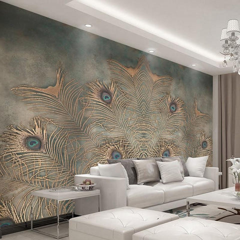 Image of Peacock Feathers On Gray Background Wallpaper Mural, Custom Sizes Available Wall Murals Maughon's