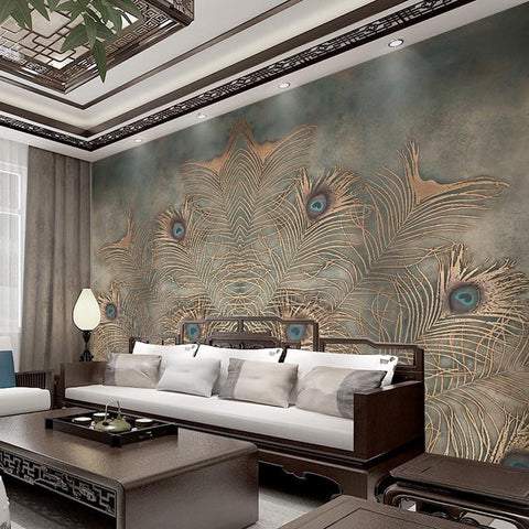 Image of Peacock Feathers On Gray Background Wallpaper Mural, Custom Sizes Available Wall Murals Maughon's