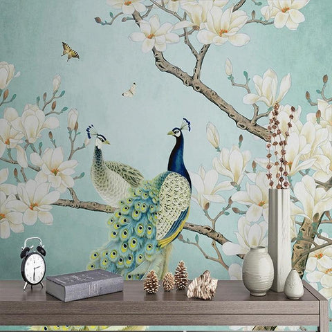 Image of Peacock, Magnolia Flowers, and Bird Wallpaper Mural, Custom Sizes Available Household-Wallpaper Maughon's