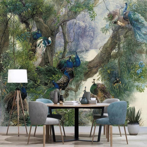 Image of Peacocks in Trees Wallpaper Mural, Custom Sizes Available Wall Murals Maughon's Waterproof Canvas