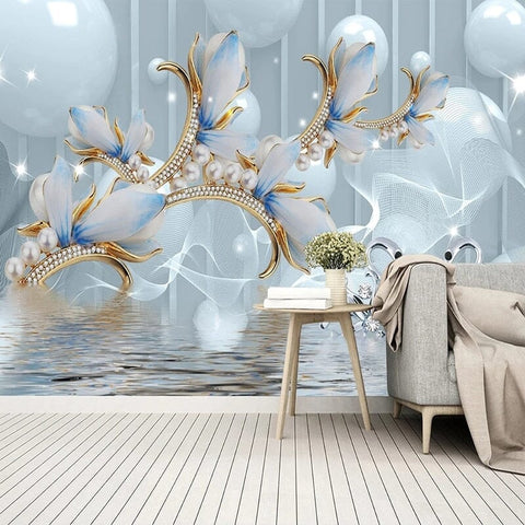 Image of Pearl/Gold/Blue Background Wallpaper Mural, Custom Sizes Available Wall Murals Maughon's Waterproof Canvas
