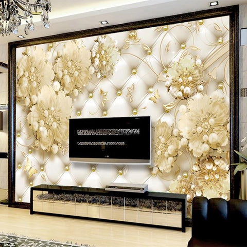 Image of Pearls and Flowers Tufted Wallpaper Mural, Custom Sizes Available Household-Wallpaper Maughon's