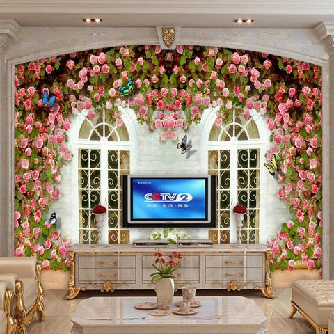 Image of Pink Rose Arbor Over Palladian Windows Wallpaper Mural, Custom Sizes Available Wall Murals Maughon's
