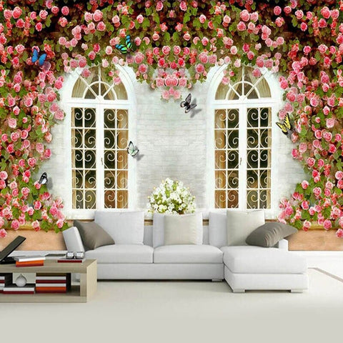 Image of Pink Rose Arbor Over Palladian Windows Wallpaper Mural, Custom Sizes Available Wall Murals Maughon's Waterproof Canvas