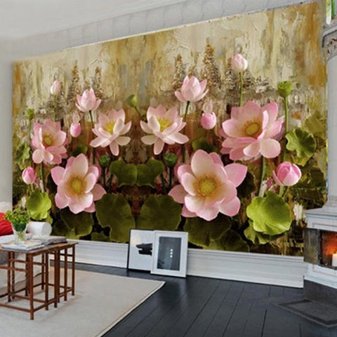 Image of Pink Water Lilies Oil Painting Wallpaper Mural, Custom Sizes Available Wall Murals Maughon's Waterproof Canvas