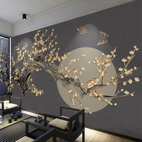 Image of Plum Blossom Over Moon Background Wallpaper Mural, Custom Sizes Available Wall Murals Maughon's Waterproof Canvas
