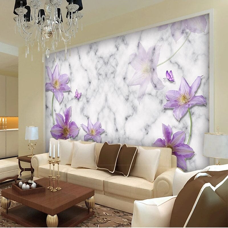 Purple Flower With Marble Background Wallpaper Mural, Custom Sizes Available Wall Murals Maughon's