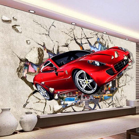 Image of Red Sports Car Breaking Through a Wall Wallpaper Mural, Custom Sizes Available Maughon's