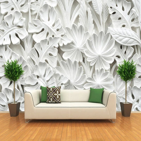 Image of Relief Sculpture White Leaves Wallpaper Mural, Custom Sizes Available Wall Murals Maughon's Waterproof Canvas