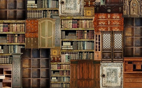 Image of Retro Books and Cabinets Wallpaper Mural, Custom Sizes Available Wall Murals Maughon's