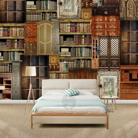 Image of Retro Books and Cabinets Wallpaper Mural, Custom Sizes Available Wall Murals Maughon's Waterproof Canvas