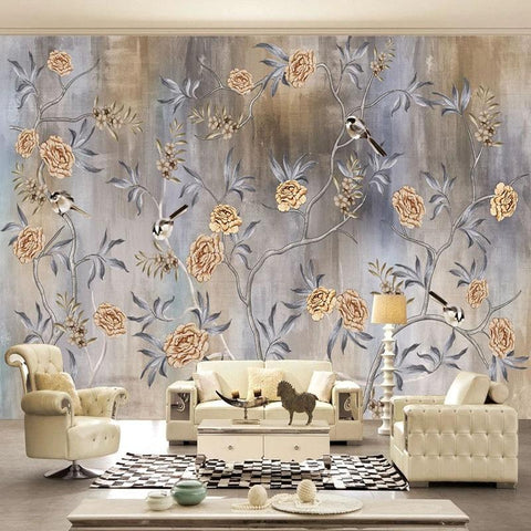 Image of Retro Flowers And Birds Wallpaper Mural, Custom Sizes Available Maughon's