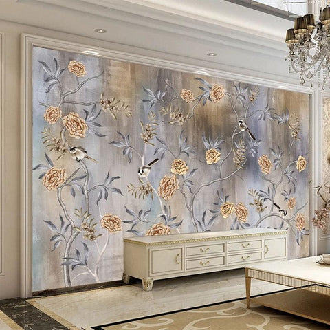 Image of Retro Flowers And Birds Wallpaper Mural, Custom Sizes Available Maughon's