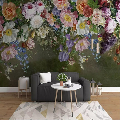 Image of Retro Hand Painted Roses and Flowers Wallpaper Mural, Custom Sizes Available Wall Murals Maughon's