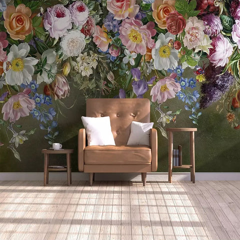Image of Retro Hand Painted Roses and Flowers Wallpaper Mural, Custom Sizes Available Wall Murals Maughon's