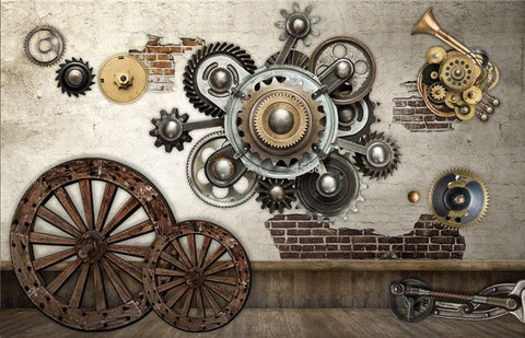 Image of Retro Mechanical Gear Wallpaper Mural, Custom Sizes Available