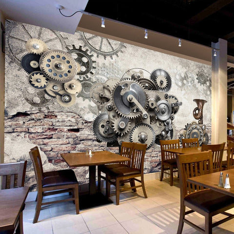 Image of Retro Mechanical Gears With Brick Wall Wallpaper Mural, Custom Sizes Available Wall Murals Maughon's