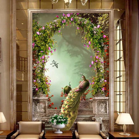 Image of Retro Peacocks With Arches Wallpaper Mural, Custom Sizes Available Wall Murals Maughon's